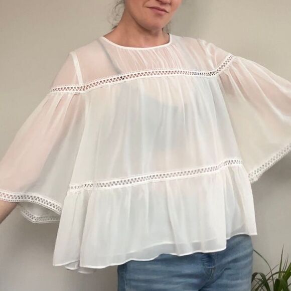 White Flowy Tiered Sheer Layered Bohemian Top M - Picture 2 of 11